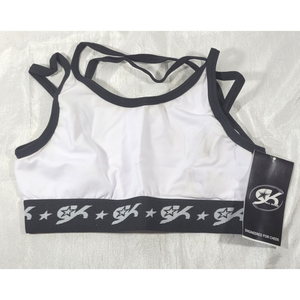 GK Elite Girl's Cheerleading Strappy Sports Bra - White/Black - Size Child Large